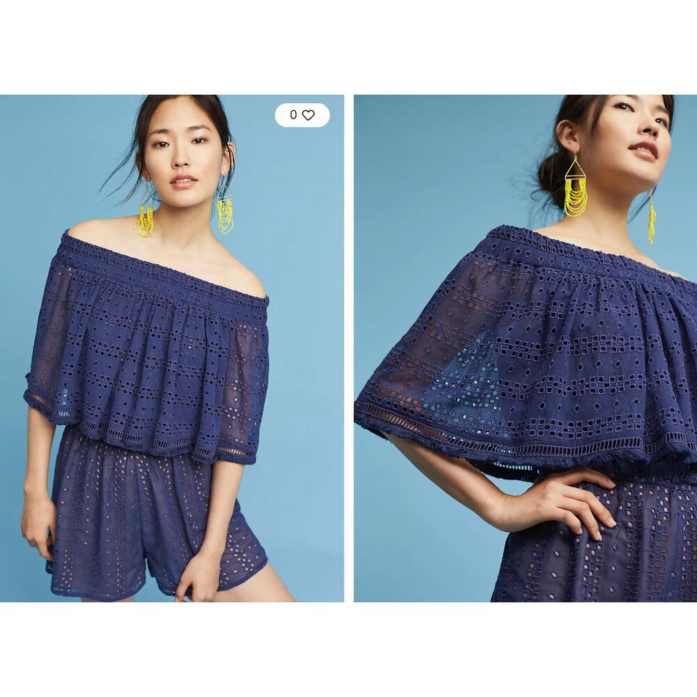 Anthropologie Ranna Gill Tiered Eyelet Off Shoulder Ruffle Romper L Large Blue
